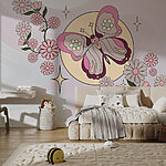 Papier peint Papillon et fleurs sur fond blanc