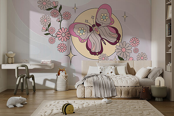Papillon et fleurs sur fond blanc Papier peint Papillon et fleurs sur fond blanc