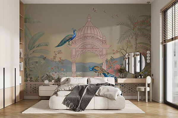 Peinture murale d'un bâtiment avec un toit et des oiseaux Papier peint Peinture murale d'un bâtiment avec un toit et des oiseaux