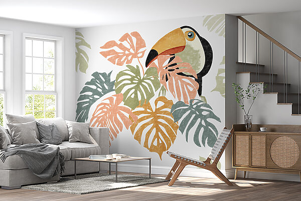 Oiseau au grand bec et aux feuilles colorées Papier peint Oiseau au grand bec et aux feuilles colorées