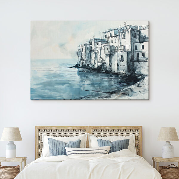 Aquarelle d'un bâtiment près d'un plan d'eau Tableaux Aquarelle d'un bâtiment près d'un plan d'eau