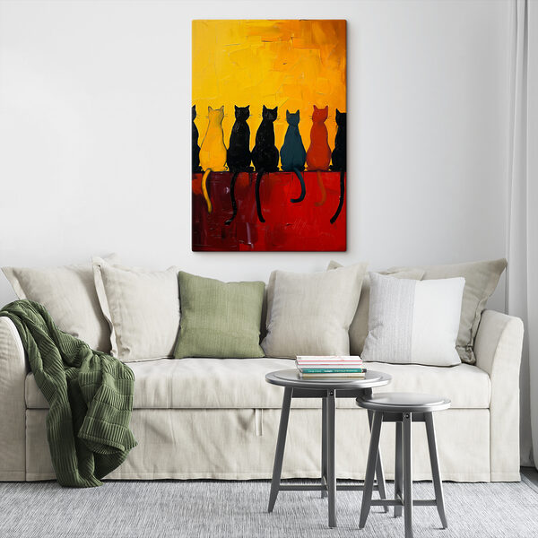 Groupe de chats assis sur une surface rouge Tableaux Groupe de chats assis sur une surface rouge