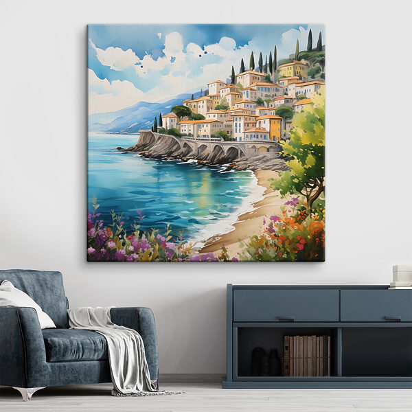 Peinture d'une ville sur une falaise au bord de l'eau Tableaux Peinture d'une ville sur une falaise au bord de l'eau