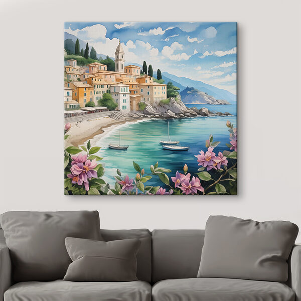 Peinture d'une ville sur une plage avec des bateaux et des fleurs Tableaux Peinture d'une ville sur une plage avec des bateaux et des fleurs