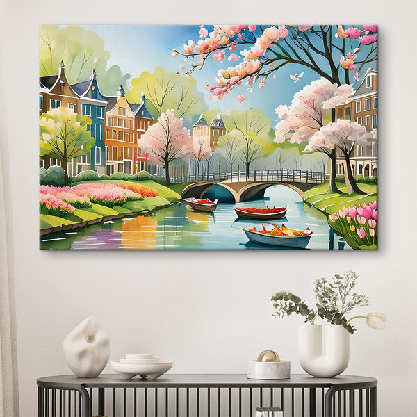 Peinture d'une rivière avec des bateaux, un pont et des arbres Tableaux Peinture d'une rivière avec des bateaux, un pont et des arbres