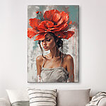 Tableaux Femme avec des fleurs rouges sur la tête