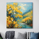 Tableaux Peinture d'une rivière avec des fleurs jaunes
