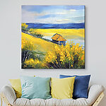 Tableaux Peinture d'une maison dans un champ de fleurs jaunes