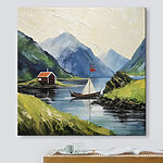 Tableaux Peinture d'un bateau sur un lac avec des montagnes et une maison