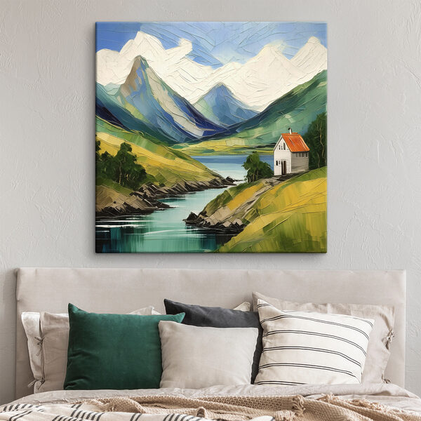 Peinture d'une maison sur une colline au bord d'une rivière Tableaux Peinture d'une maison sur une colline au bord d'une rivière