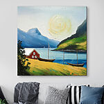 Tableaux Peinture d'une maison et de bateaux sur un lac