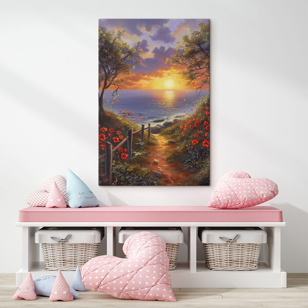 Peinture d'un chemin menant à un plan d'eau avec des fleurs Tableaux Peinture d'un chemin menant à un plan d'eau avec des fleurs