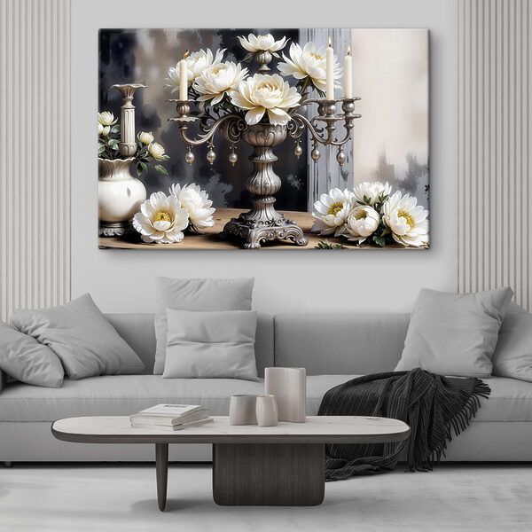 Chandelier en argent avec fleurs blanches Tableaux Chandelier en argent avec fleurs blanches