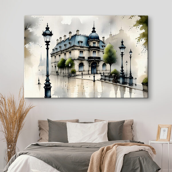 Peinture d'un bâtiment avec des arbres et un lampadaire Tableaux Peinture d'un bâtiment avec des arbres et un lampadaire