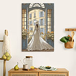 Tableaux Femme en robe et chapeau regardant par la fenêtre