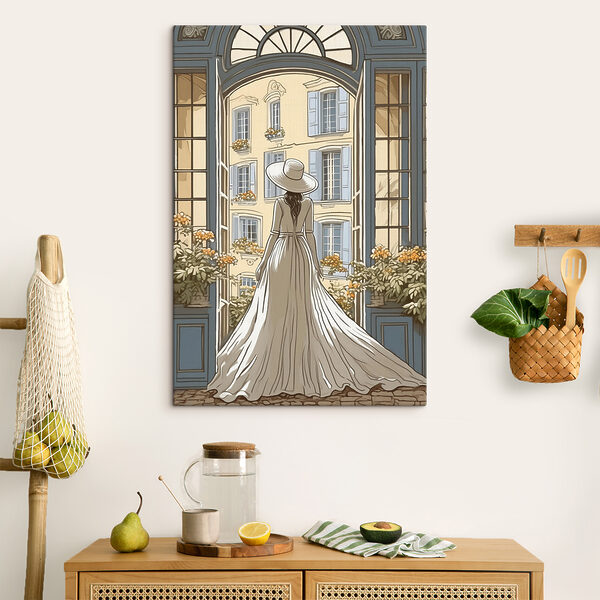 Femme en robe et chapeau regardant par la fenêtre Tableaux Femme en robe et chapeau regardant par la fenêtre