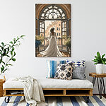 Tableaux Femme en robe blanche regardant par la fenêtre