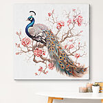 Tableaux Paon sur une branche d'arbre avec des fleurs roses