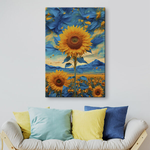 Tournesol avec feuilles bleues et jaunes Tableaux Tournesol avec feuilles bleues et jaunes