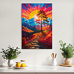 Tableaux Peinture d'un paysage de montagne avec un arbre et un coucher de soleil coloré