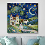 Tableaux Fille marchant sur un chemin avec une vache et une maison