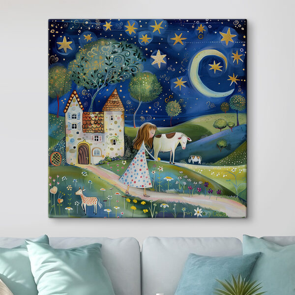 Fille marchant sur un chemin avec une vache et une maison Tableaux Fille marchant sur un chemin avec une vache et une maison
