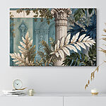 Tableaux Pilier blanc avec des feuilles et un bâtiment bleu