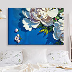Tableaux Des pivoines s'épanouissent sur une toile azur.