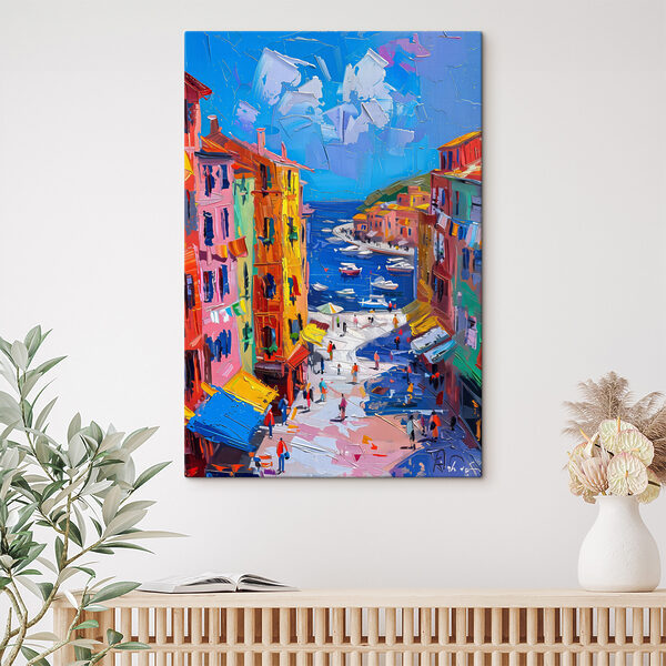 Peinture d'une ville avec des bateaux et des gens Tableaux Peinture d'une ville avec des bateaux et des gens