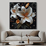Tableaux Fleurs blanches et orange sur fond noir