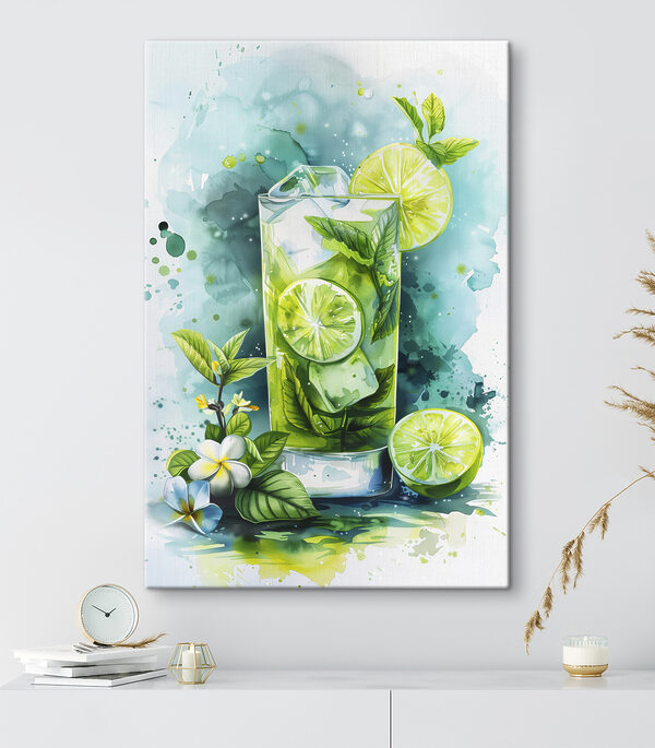Aquarelle d'une boisson avec des citrons verts et des feuilles Tableaux Aquarelle d'une boisson avec des citrons verts et des feuilles