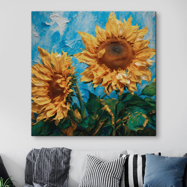 Les tournesols s'épanouissent sur un fond bleu Tableaux Les tournesols s'épanouissent sur un fond bleu