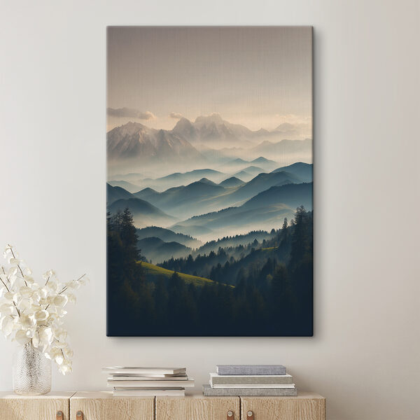 Chaîne de montagnes avec arbres et brouillard Tableaux Chaîne de montagnes avec arbres et brouillard