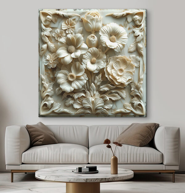 Sculpture de fleurs blanches sur une surface en marbre Tableaux Sculpture de fleurs blanches sur une surface en marbre