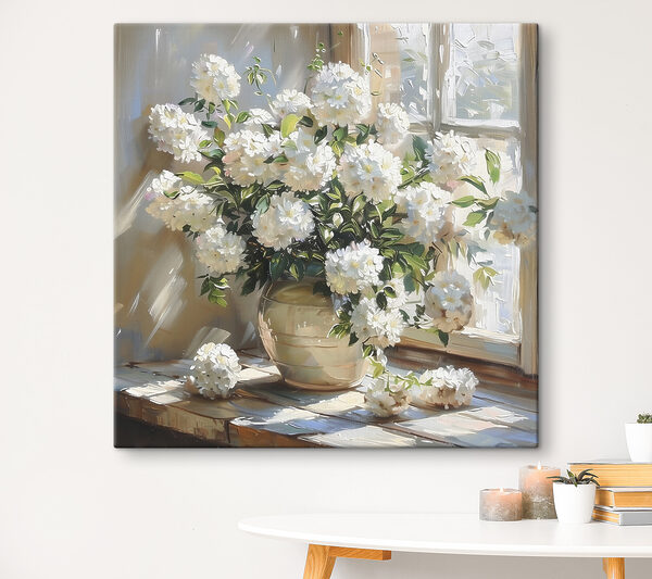 Vase de fleurs blanches devant une fenêtre Tableaux Vase de fleurs blanches devant une fenêtre