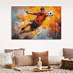 Tableaux Homme en chemise rouge bottant un ballon de football