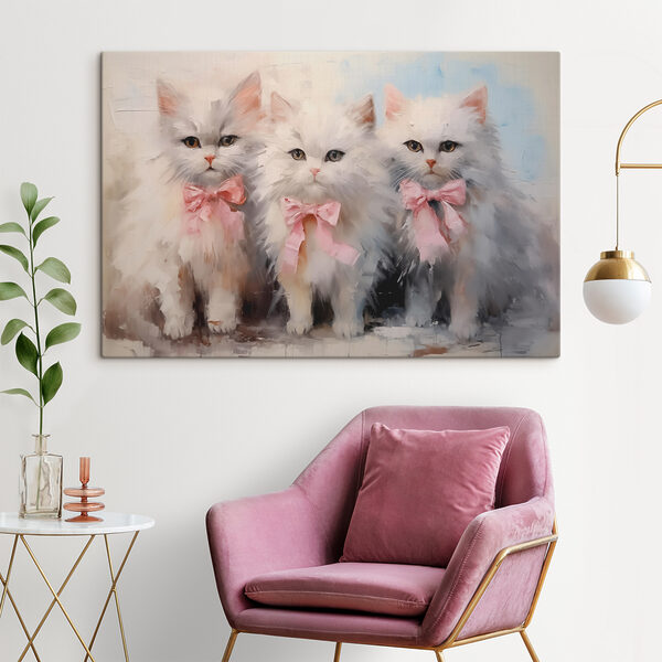 Groupe de chats blancs avec des nœuds roses Tableaux Groupe de chats blancs avec des nœuds roses