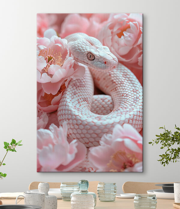 Serpent blanc dans des fleurs roses Tableaux Serpent blanc dans des fleurs roses