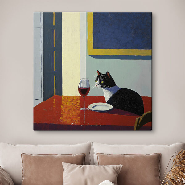 Chat assis à une table avec un plat et une assiette Tableaux Chat assis à une table avec un plat et une assiette