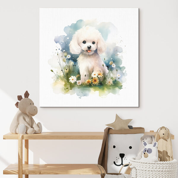 Chien blanc assis dans un champ de fleurs Tableaux Chien blanc assis dans un champ de fleurs