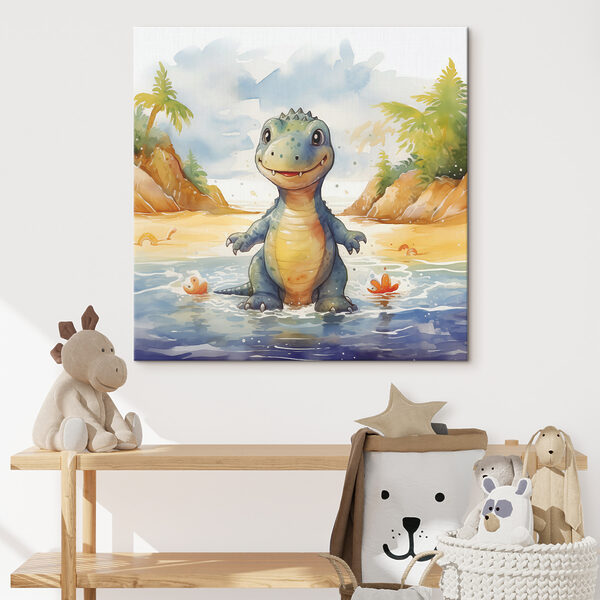 Dessin humoristique d'un dinosaure dans l'eau Tableaux Dessin humoristique d'un dinosaure dans l'eau