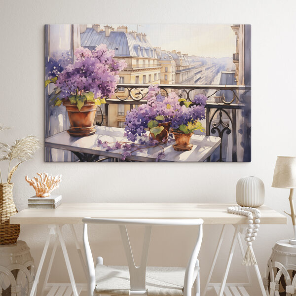 Aquarelle d'un balcon avec des fleurs violettes Tableaux Aquarelle d'un balcon avec des fleurs violettes