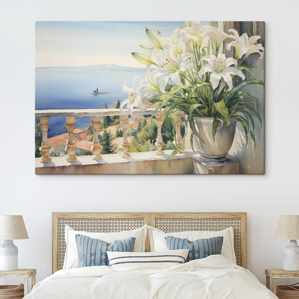 Peinture d'un balcon avec vue sur la ville et la mer Tableaux Peinture d'un balcon avec vue sur la ville et la mer