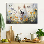 Tableaux Chien blanc avec des papillons dans un champ de fleurs