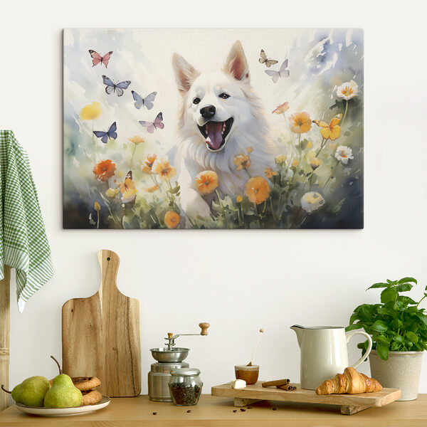 Chien blanc avec des papillons dans un champ de fleurs Tableaux Chien blanc avec des papillons dans un champ de fleurs