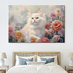 Tableaux Chat blanc entouré de fleurs et de bulles