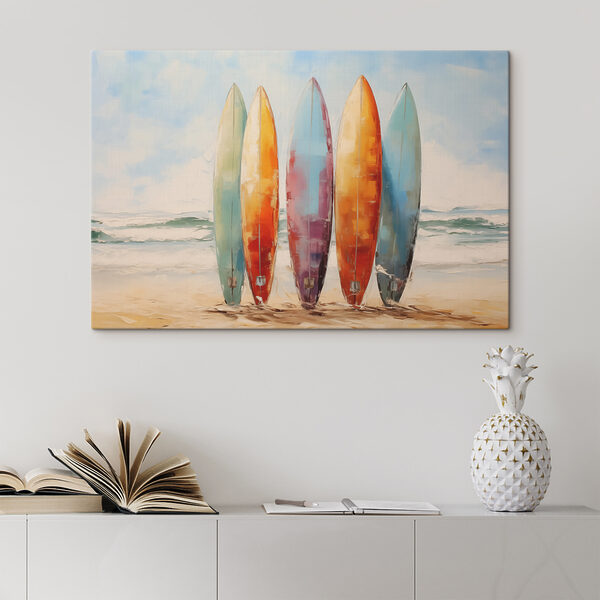 Groupe de planches de surf sur une plage Tableaux Groupe de planches de surf sur une plage