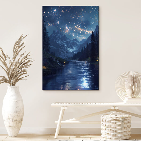 Rivière avec des arbres et des étoiles dans le ciel Tableaux Rivière avec des arbres et des étoiles dans le ciel
