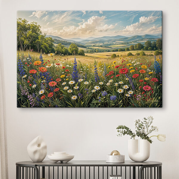 Champ de fleurs avec des montagnes en arrière-plan Tableaux Champ de fleurs avec des montagnes en arrière-plan