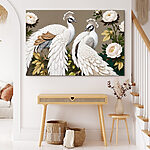 Tableaux Couple de paons blancs sur une branche avec des fleurs